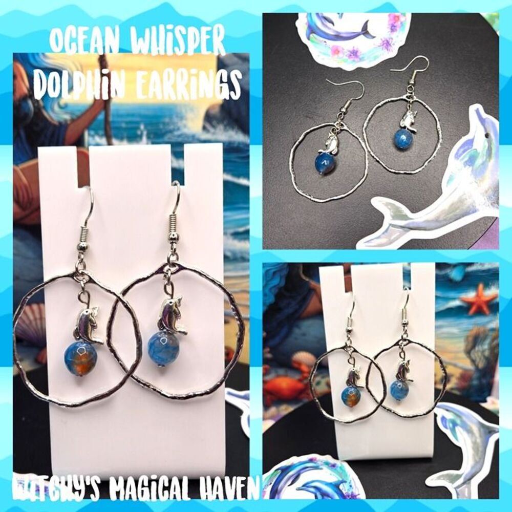 Ocean Whisper Dolphin Blue Fire Agate Gemstone Earrings